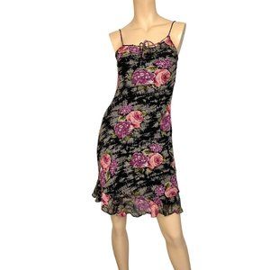 Vintage 90s Cocktail Dress Black Pink Floral Print Beaded Sequin Size Small